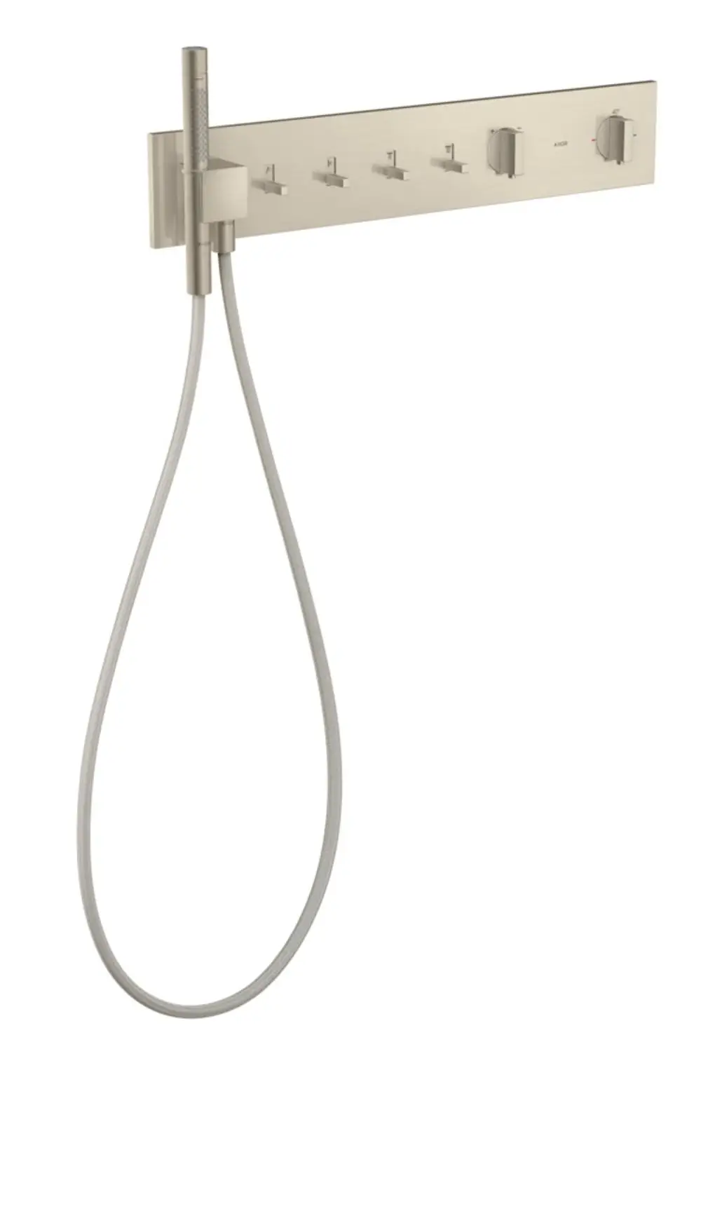 AXOR ShowerComposition mit Thermostatmodul für die Unterputzmontage, ausgestattet für vier Verbraucher. Oberfläche in gebürstetem Nickel. Duschelement mit flexibler Handbrause.